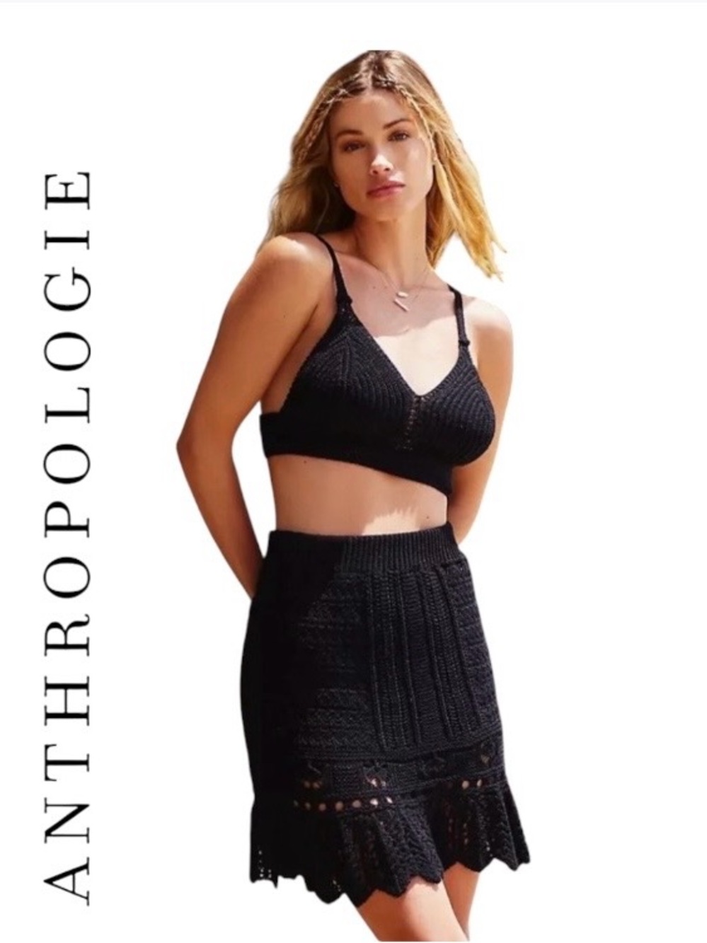 Anthropologie Black Knit Bralette and Skirt Set Size Medium NWT